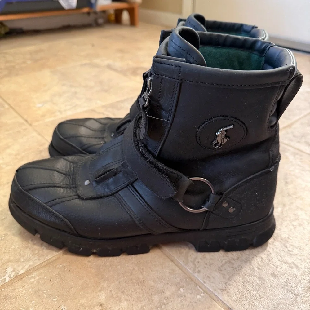 Polo Ralph Lauren Conquest Hi III Boots Mens 10.5 Black Leather Duck Zip Strap